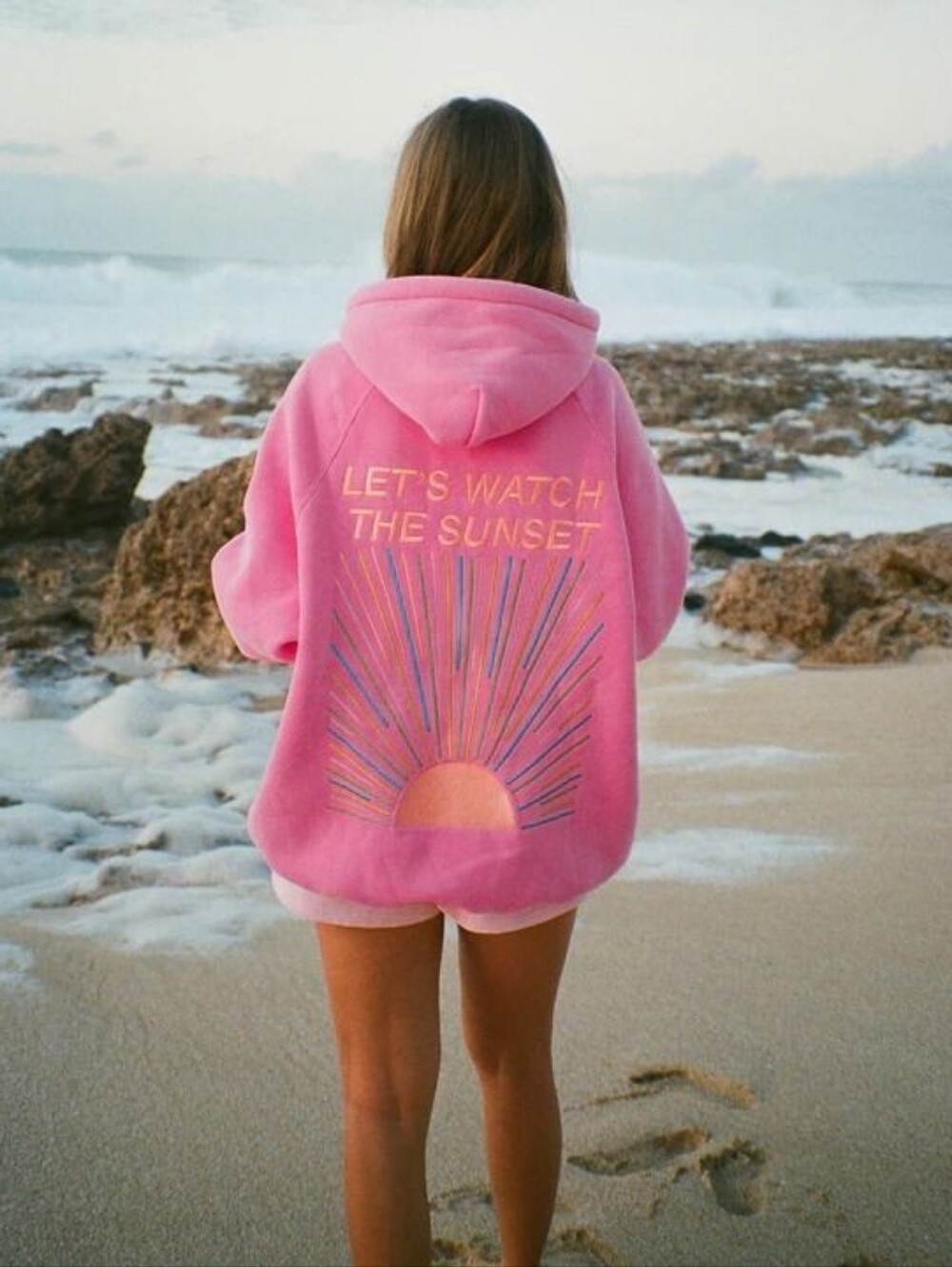Dandy Worldwide Hoodie Lets Watch The Sunset Pink Embroidered Oversized Medium